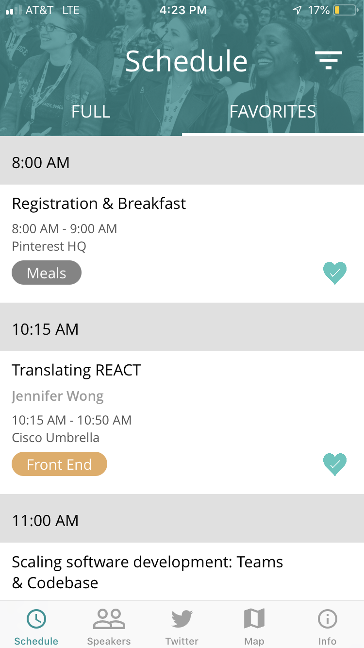 Screenshot of conference schedule displayed on WWC mobile app
